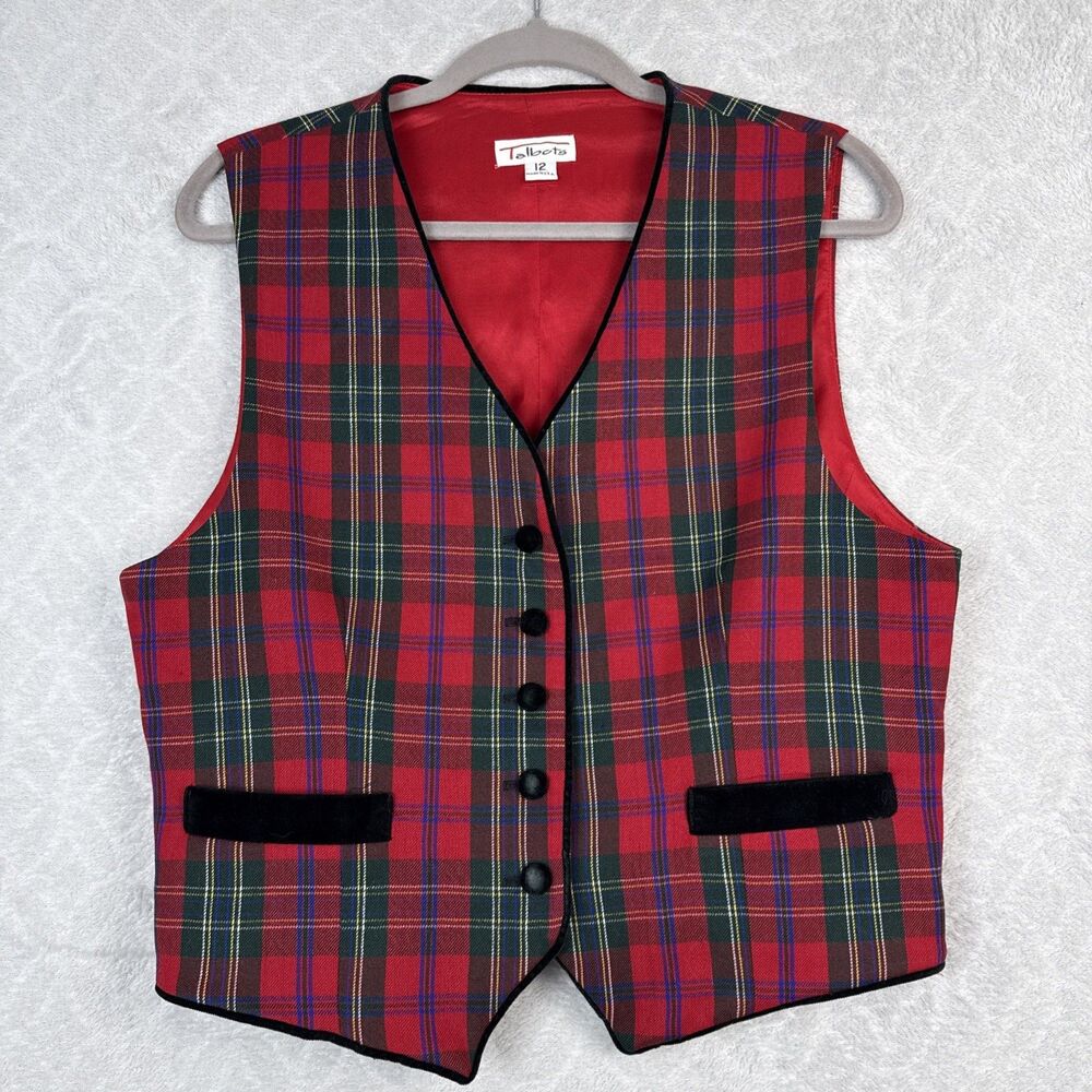 Vtg Talbots Vest Women 12 Red Tartan Plaid Waistcoat Retro Holiday Christmas 90s